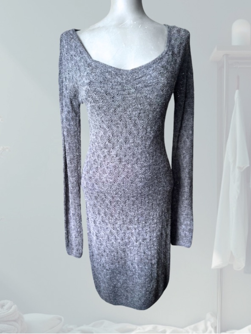 Free People Silver-Gray Long Sleeve Scoop Neck Knit Dress